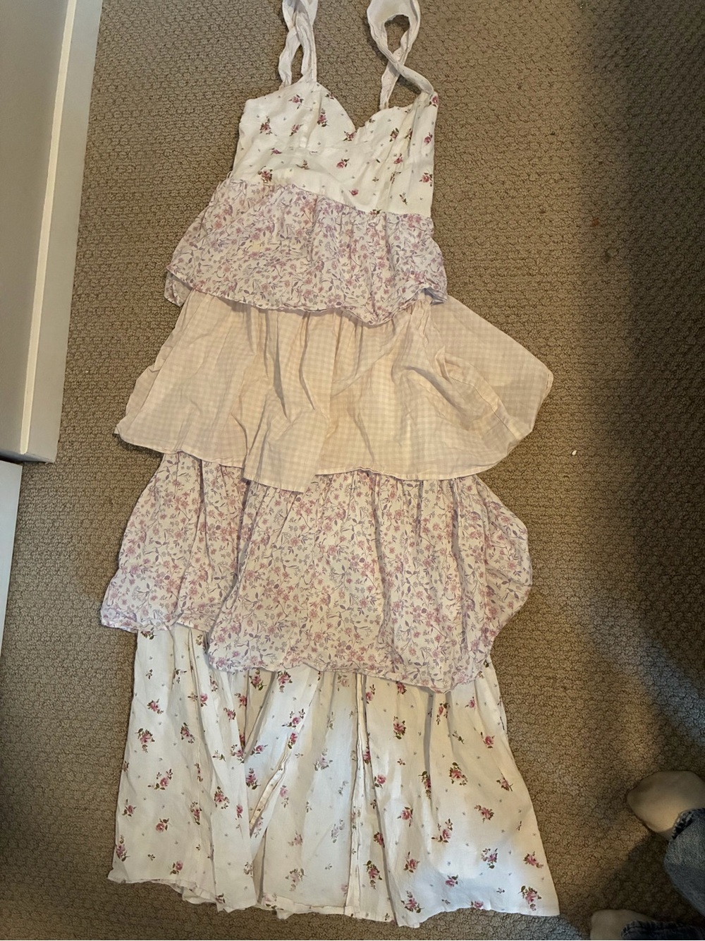 Altar'd State Cream and Pink Tiered Floral Maxi Dress